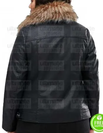 WOMEN'S PLUS SIZE FUR COLLAR LEATHER JACKET 
