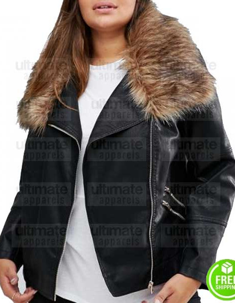 WOMEN'S PLUS SIZE FUR COLLAR LEATHER JACKET 