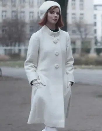 THE QUEEN'S GAMBIT BETH HARMON WHITE COAT THE QUEEN'S GAMBIT BETH HARMON WHITE COAT