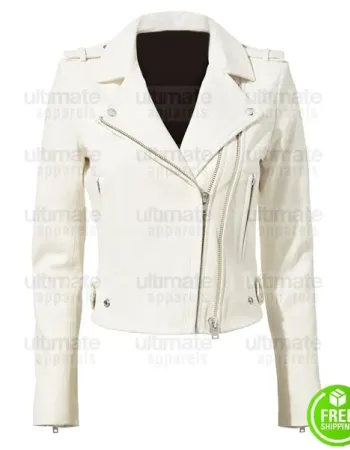WHITE CROPPED LEATHER MOTO JACKET