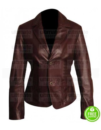 WOMAN'S TWO BUTTON BROWN LEATHER BLAZER JACKET