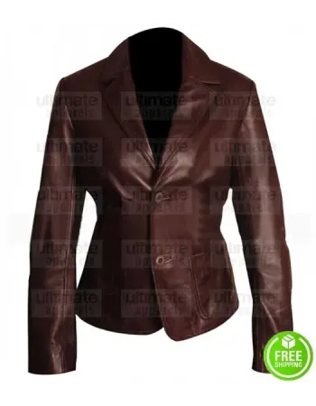 WOMAN'S TWO BUTTON BROWN LEATHER BLAZER JACKET