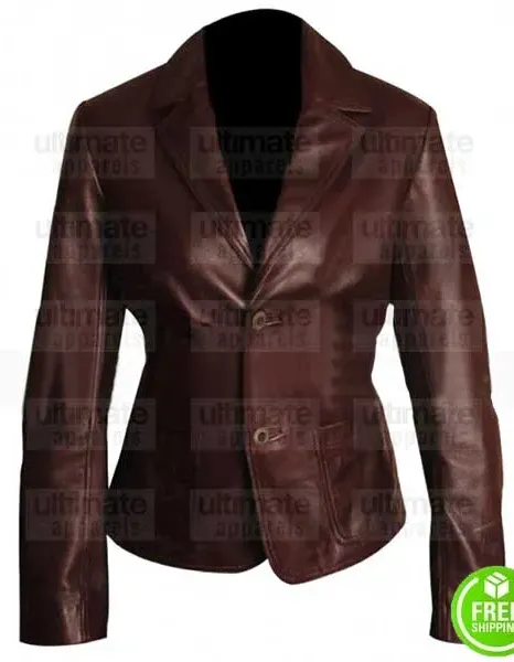 WOMAN'S TWO BUTTON BROWN LEATHER BLAZER JACKET WOMAN'S TWO BUTTON BROWN LEATHER BLAZER JACKET