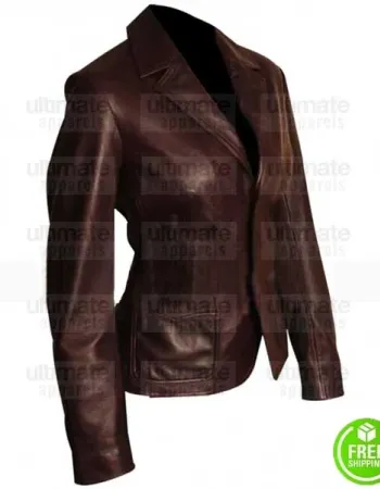 WOMAN'S TWO BUTTON BROWN LEATHER BLAZER JACKET