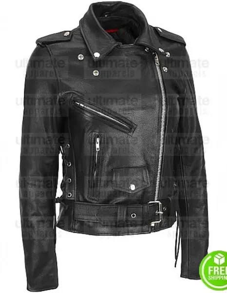 WOMEN'S HEAVY COWHIDE MOTORBIKERS BLACK LEATHER JACKET