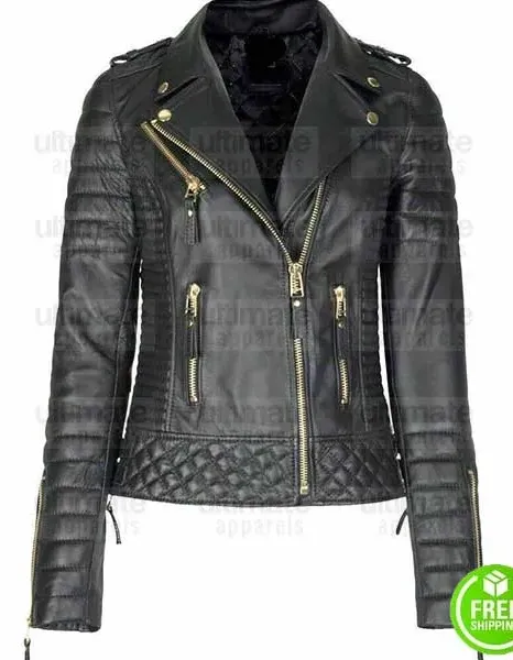 WOMEN'S LAMBSKIN SLIM-FIT QUILTED GOLDEN ZIPPER BLACK LEATHER JACKET WOMEN'S LAMBSKIN SLIM-FIT QUILTED GOLDEN ZIPPER BLACK LEATHER JACKET
