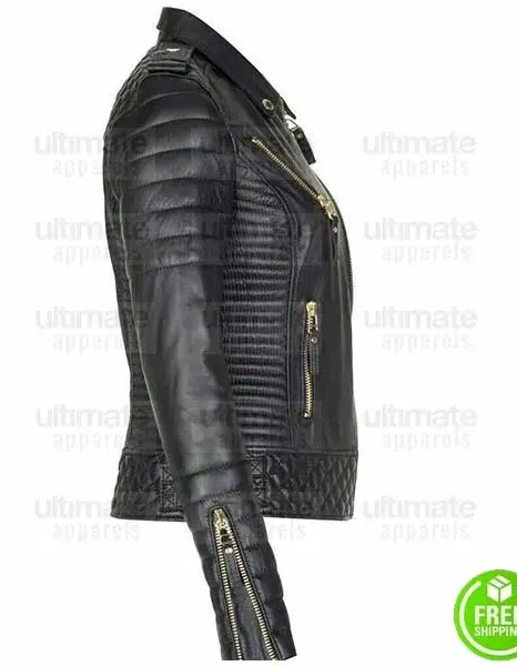 WOMEN'S LAMBSKIN SLIM-FIT QUILTED GOLDEN ZIPPER BLACK LEATHER JACKET WOMEN'S LAMBSKIN SLIM-FIT QUILTED GOLDEN ZIPPER BLACK LEATHER JACKET