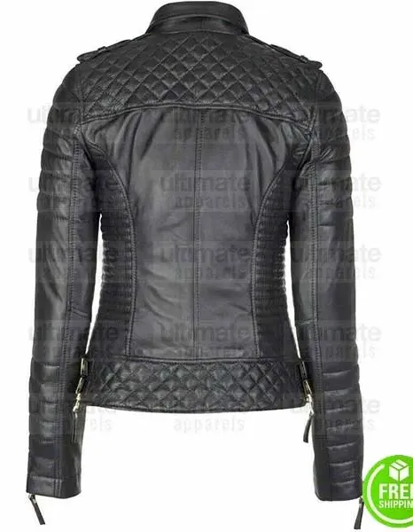 WOMEN'S LAMBSKIN SLIM-FIT QUILTED GOLDEN ZIPPER BLACK LEATHER JACKET WOMEN'S LAMBSKIN SLIM-FIT QUILTED GOLDEN ZIPPER BLACK LEATHER JACKET