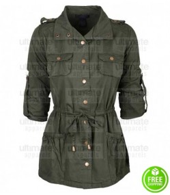 WOMEN'S BELTED GREEN MILITARY COTTON COAT