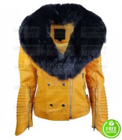 WOMEN'S YELLOW LEATHER JACKET WITH FUR COLLAR