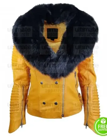 WOMEN'S YELLOW LEATHER JACKET WITH FUR COLLAR