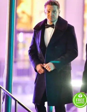HAWKEYE JEREMY RENNER (CLINT BARTON) FUR COLLAR BLACK WOOL TRENCH COAT