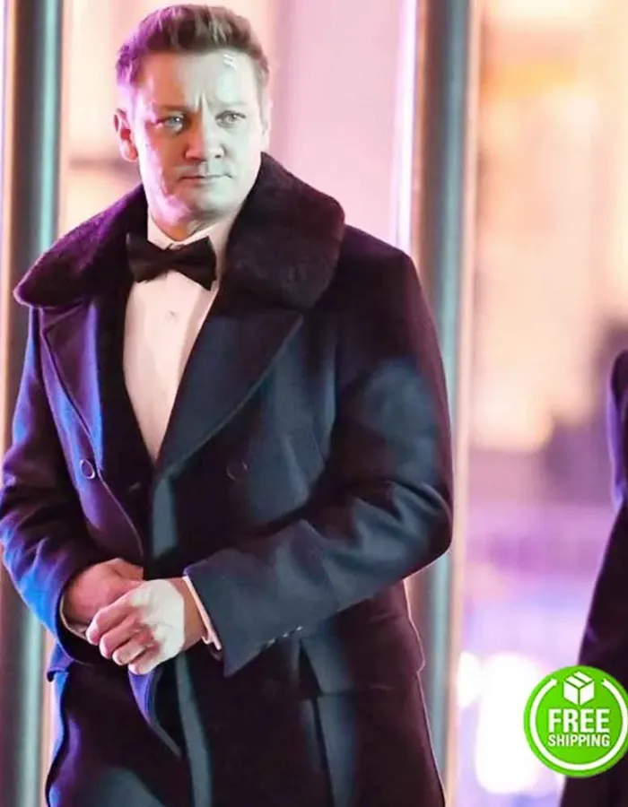 HAWKEYE JEREMY RENNER (CLINT BARTON) FUR COLLAR BLACK WOOL TRENCH COAT