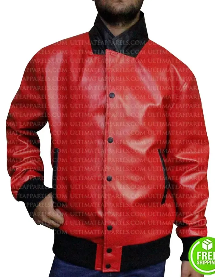 NICK JONAS RED BOMBER LEATHER JACKET NICK JONAS RED BOMBER LEATHER JACKET