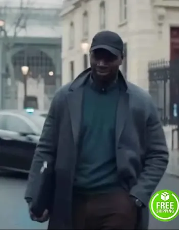 LUPIN OMAR SY (ASSANE DIOP) GREY WOOL COAT