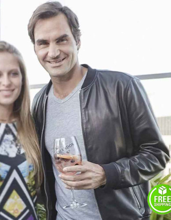 ROGER FEDERER BLACK BOMBER LEATHER JACKET