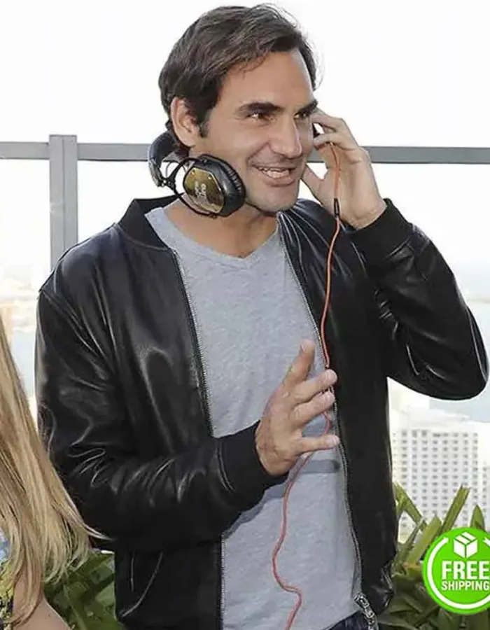 ROGER FEDERER BLACK BOMBER LEATHER JACKET ROGER FEDERER BLACK BOMBER LEATHER JACKET