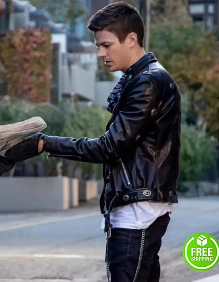 THE FLASH ELSEWORLDS GRANT GUSTIN (BARRY ALLEN) BLACK LEATHER JACKET THE FLASH ELSEWORLDS GRANT GUSTIN (BARRY ALLEN) BLACK LEATHER JACKET