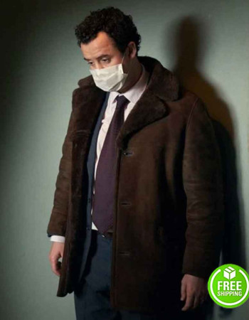 DES DANIEL MAYS (DCI PETER JAY) BROWN SHEARLING SUEDE LEATHER COAT