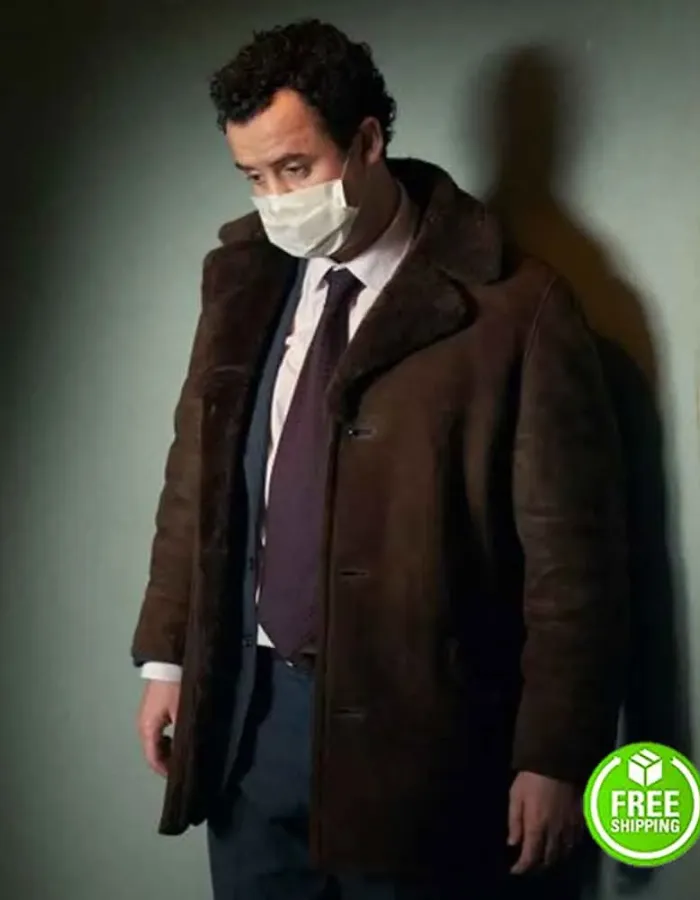 DES DANIEL MAYS (DCI PETER JAY) BROWN SHEARLING SUEDE LEATHER COAT