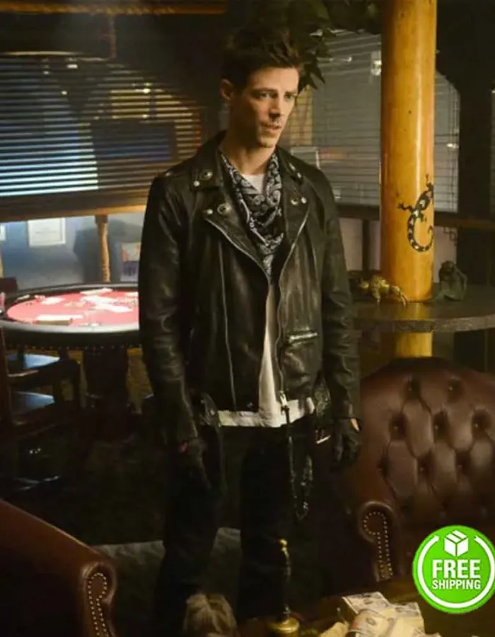 THE FLASH ELSEWORLDS GRANT GUSTIN (BARRY ALLEN) BLACK LEATHER JACKET THE FLASH ELSEWORLDS GRANT GUSTIN (BARRY ALLEN) BLACK LEATHER JACKET