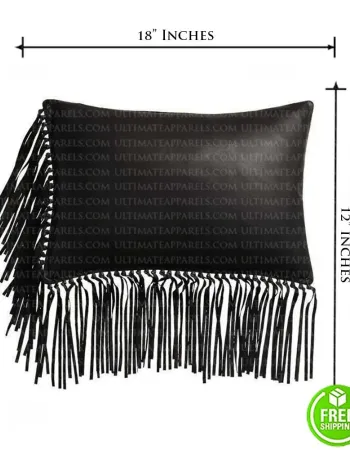 BLACK LEATHER PILLOW WITH FRINGE