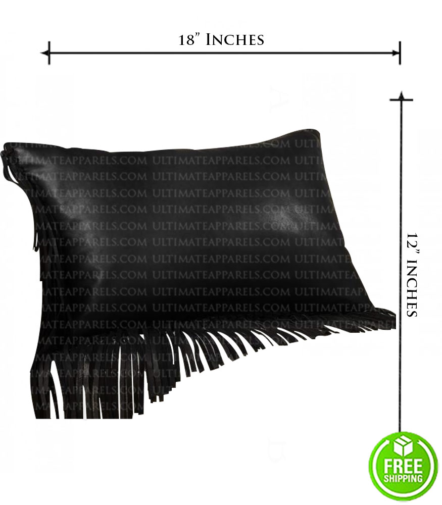 Buy Black Leather Pillow With Fringe