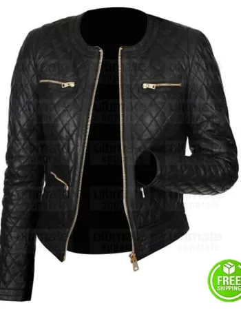 WOMEN BLACK COLLARLESS QUILTED BIKER LEATHER JACKET WOMEN BLACK COLLARLESS QUILTED BIKER LEATHER JACKET