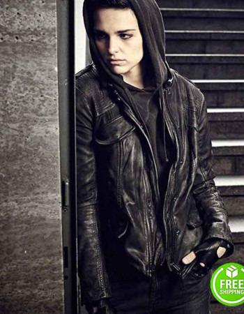 COUNTERPART SARA SERRAIOCCO (BALDWIN) BLACK LEATHER JACKET WITH HOODIE