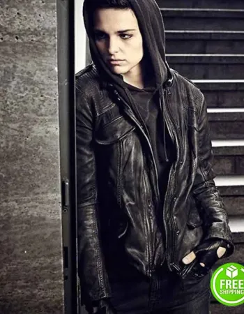 COUNTERPART SARA SERRAIOCCO (BALDWIN) BLACK LEATHER JACKET WITH HOODIE