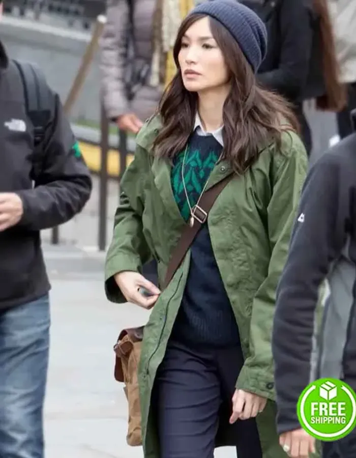 THE ETERNALS GEMMA CHAN (SERSI) GREEN COTTON TRENCH COAT THE ETERNALS GEMMA CHAN (SERSI) GREEN COTTON TRENCH COAT