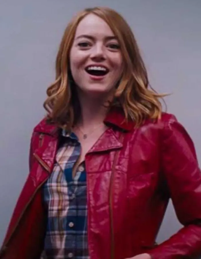 LA LA LAND EMMA STONE MAROON LEATHER JACKET LA LA LAND EMMA STONE MAROON LEATHER JACKET