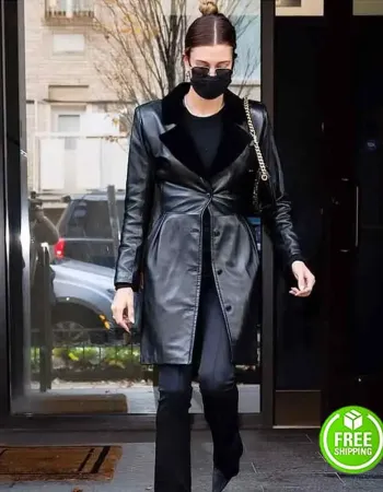 HAILEY BIEBER BLACK LEATHER TRENCH COAT