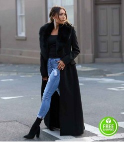 ROZALIA RUSSIAN FUR COLLAR BLACK TRENCH COAT