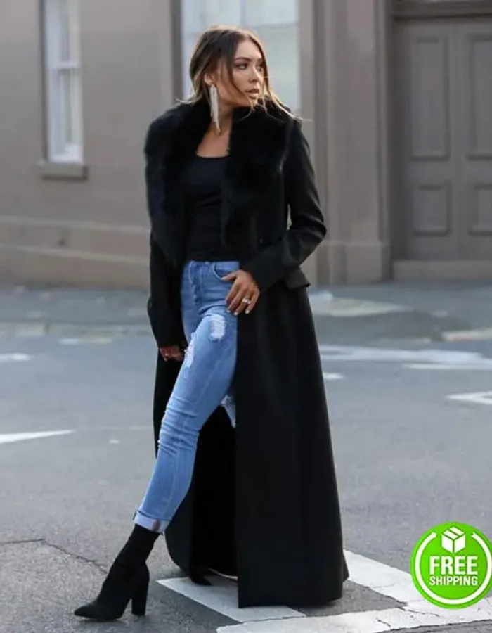 Rozalia Russian Fur Collar Black Trench Coat Rozalia Russian Fur Collar Black Trench Coat