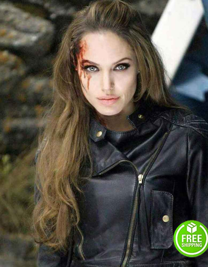 THE ETERNALS ANGELINA JOLIE (THENA) BLACK LEATHER JACKET THE ETERNALS ANGELINA JOLIE (THENA) BLACK LEATHER JACKET