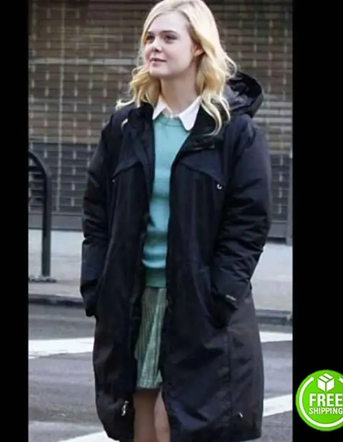 A RAINY DAY IN NEW YORK ELLE FANNING (ASHLEIGH) BLACK COTTON COAT WITH HOOD