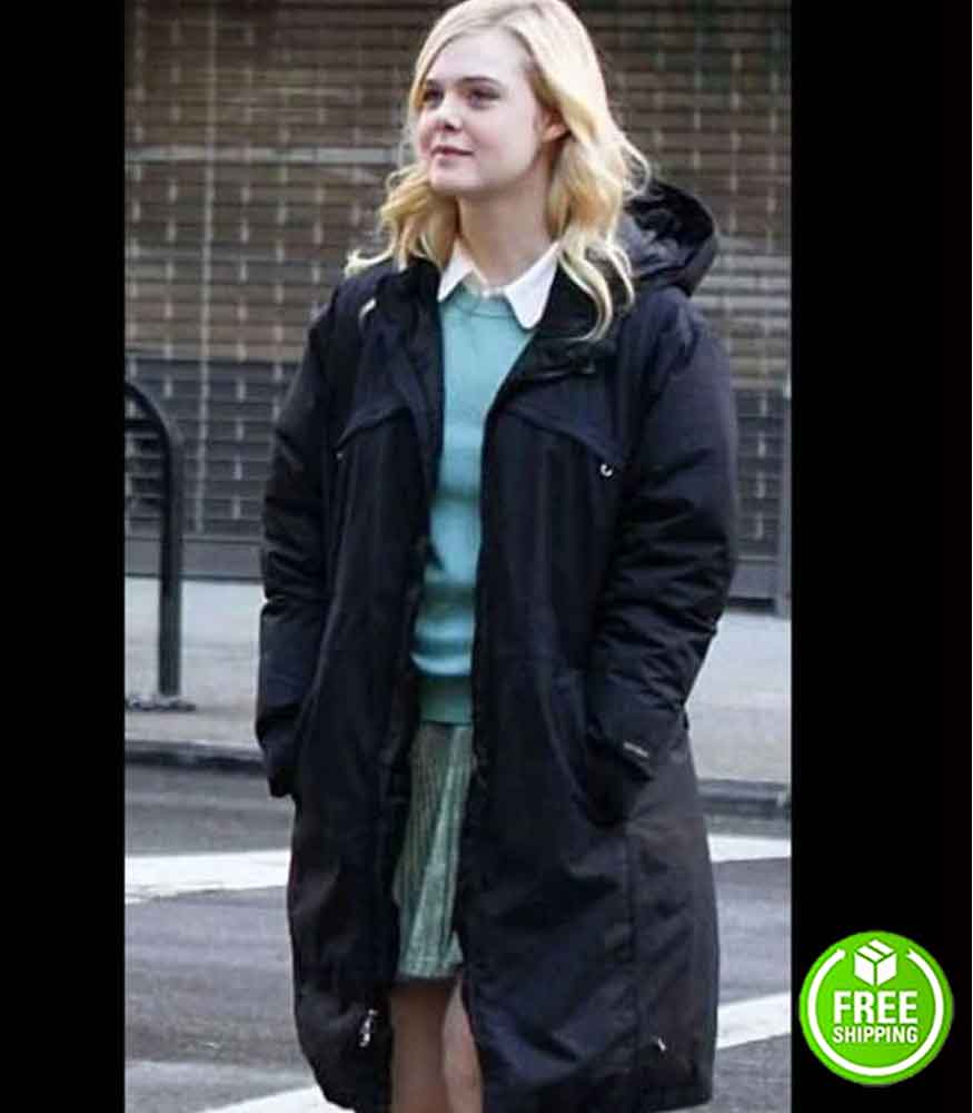 A RAINY DAY IN NEW YORK ELLE FANNING (ASHLEIGH) BLACK COTTON COAT WITH HOOD