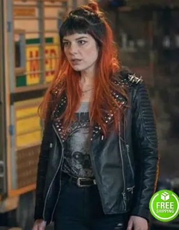CURFEW AIMEE FFION EDWARDS (RUBY NEWMAN) STUDDED BLACK LEATHER JACKET