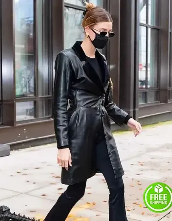 HAILEY BIEBER BLACK LEATHER TRENCH COAT HAILEY BIEBER BLACK LEATHER TRENCH COAT
