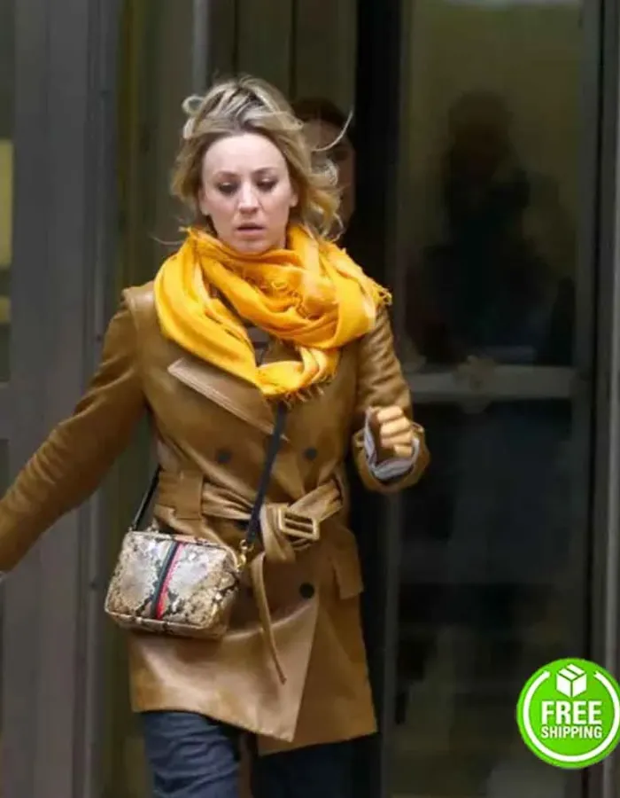 THE FLIGHT ATTENDANT KALEY CUOCO (CASSIE BOWDEN) BROWN LEATHER COAT 