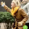 THE FLIGHT ATTENDANT KALEY CUOCO (CASSIE BOWDEN) BROWN LEATHER COAT 