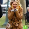 THE FLIGHT ATTENDANT KALEY CUOCO (CASSIE BOWDEN) BROWN LEATHER COAT 