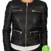 WOMEN BLACK COLLARLESS QUILTED BIKER LEATHER JACKET