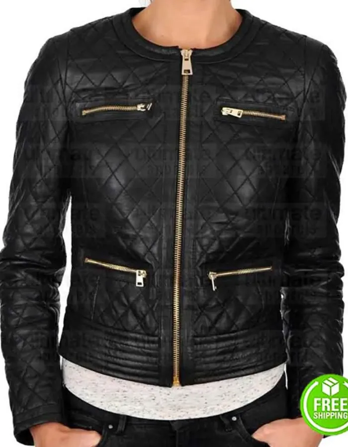 WOMEN BLACK COLLARLESS QUILTED BIKER LEATHER JACKET WOMEN BLACK COLLARLESS QUILTED BIKER LEATHER JACKET