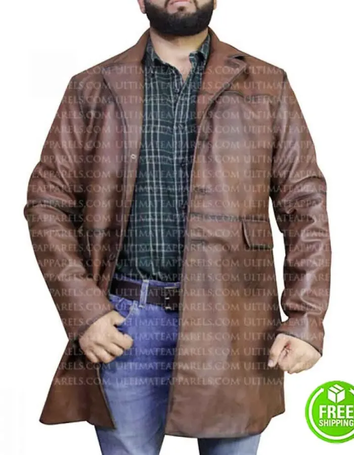 RED NOTICE DWAYNE JOHNSON BROWN DISTRESSED LEATHER COAT RED NOTICE DWAYNE JOHNSON BROWN DISTRESSED LEATHER COAT
