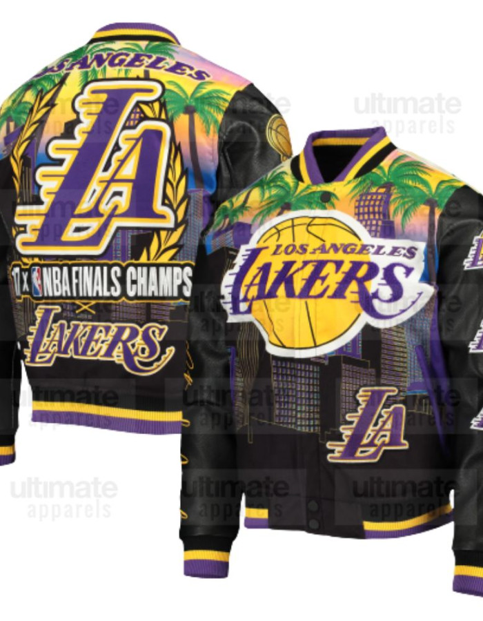Men's Los Angeles Lakers Remix Palm Trees Black Varsity Jacket