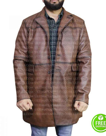 RED NOTICE DWAYNE JOHNSON BROWN DISTRESSED LEATHER COAT