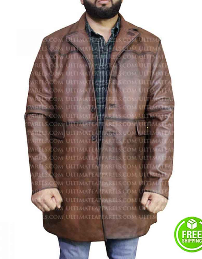 RED NOTICE DWAYNE JOHNSON BROWN DISTRESSED LEATHER COAT RED NOTICE DWAYNE JOHNSON BROWN DISTRESSED LEATHER COAT