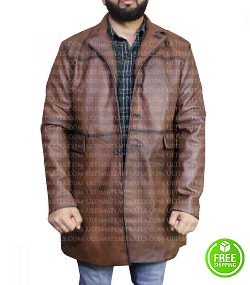 RED NOTICE DWAYNE JOHNSON BROWN DISTRESSED LEATHER COAT